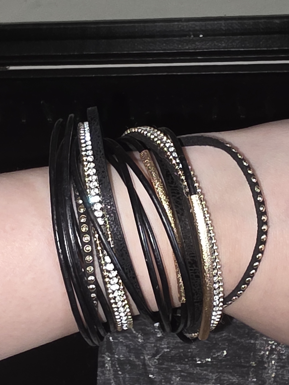 SAACHI Black and Gold Layered Crystal Wrap Magnetic Close Bracelet